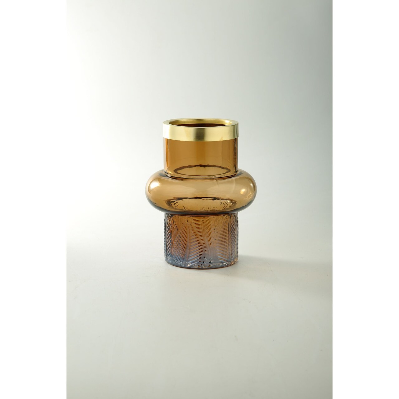 CC Home Furnishings 8" Brown and Gold Leaf Pattern Cylindrical Glass Flower Vase